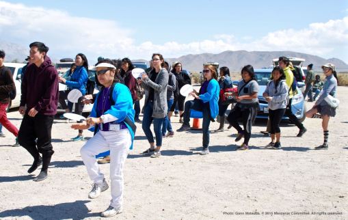 Ondo dancing marks the traditional conclusion of the annual Manzanar Pilgrimage. That's Manzanar Committee Co-Chair Kerry Cababa (foreground).