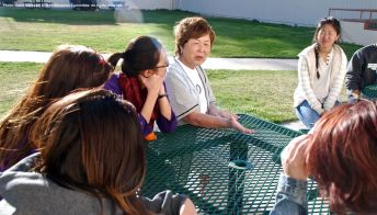 One of the small group discussions during the 2015 Manzanar At Dusk program. That's Nancy Oda, center.