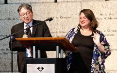 Chris Komai (left) and Kristin Fukushima, both from the Little Tokyo Community Council, emceed the 2018 Los Angeles Day of Remembrance.