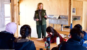 Manzanar National Historic Site Ranger Patricia Biggs begins her presentation on the Manzanar “Riot.”