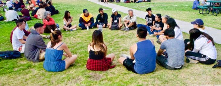 One of the small group discussions during the 2019 Manzanar At Dusk program, April 27, 2019, at Lone Pine High School.