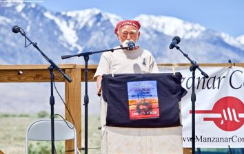 Mo NIshida, who attended the first organized Manzanar Pilgrimage in 1969, addresses the crowd during the 50th Annual Manzanar Pilgrimage, April 27, 2019, at the Manzanar National Historic Site.