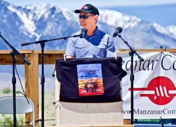 Attorney Dale Minami, Minami and Lew, L.L.P., addresses the crowd during the 50th Annual Manzanar Pilgrimage, April 27, 2019, at the Manzanar National Historic Site.