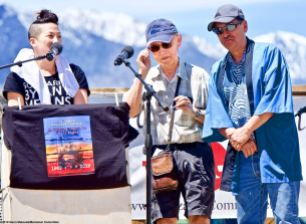 Activist Jim Matsuoka (center), shown here with traci kato-kiriyama (left) and Manzanar Committee Co-Chair Bruce Embrey (right) during the 50th Annual Manzanar Pilgrimage, April 27, 2019, at the Manzanar National Historic Site.
