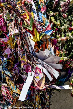 Origami cranes left at the I Rei To (soul consoling tower) at the Manzanar cemetery.